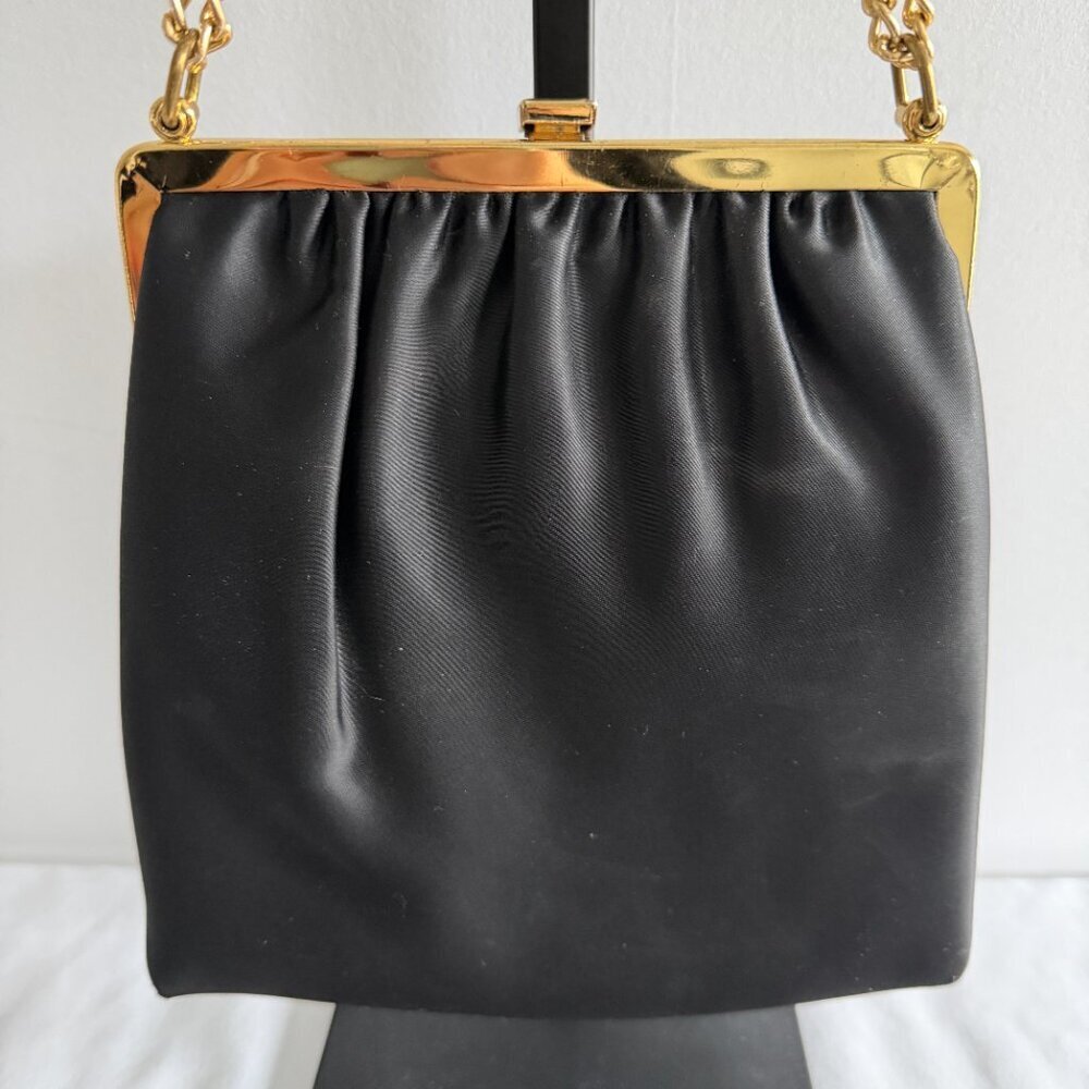 Vintage Black Satin Gold Chevron Formal Shoulder Bag 50s 60s - Picture 11 of 16